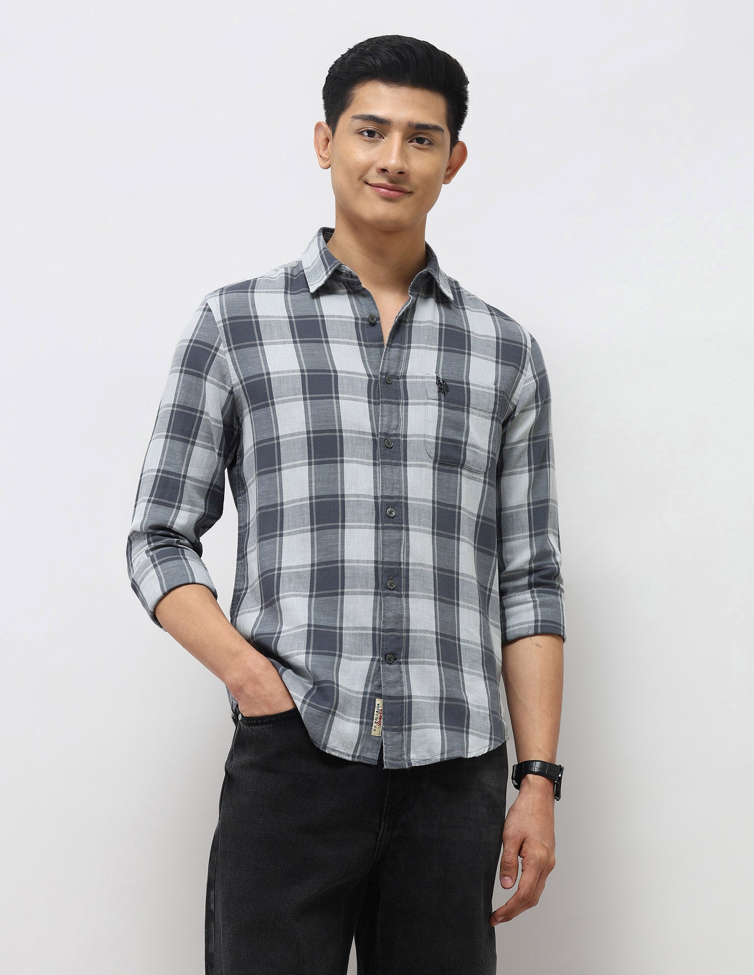 Plaid Checked Twill Shirt Light Grey - U.S. Polo Assn. India | Large
