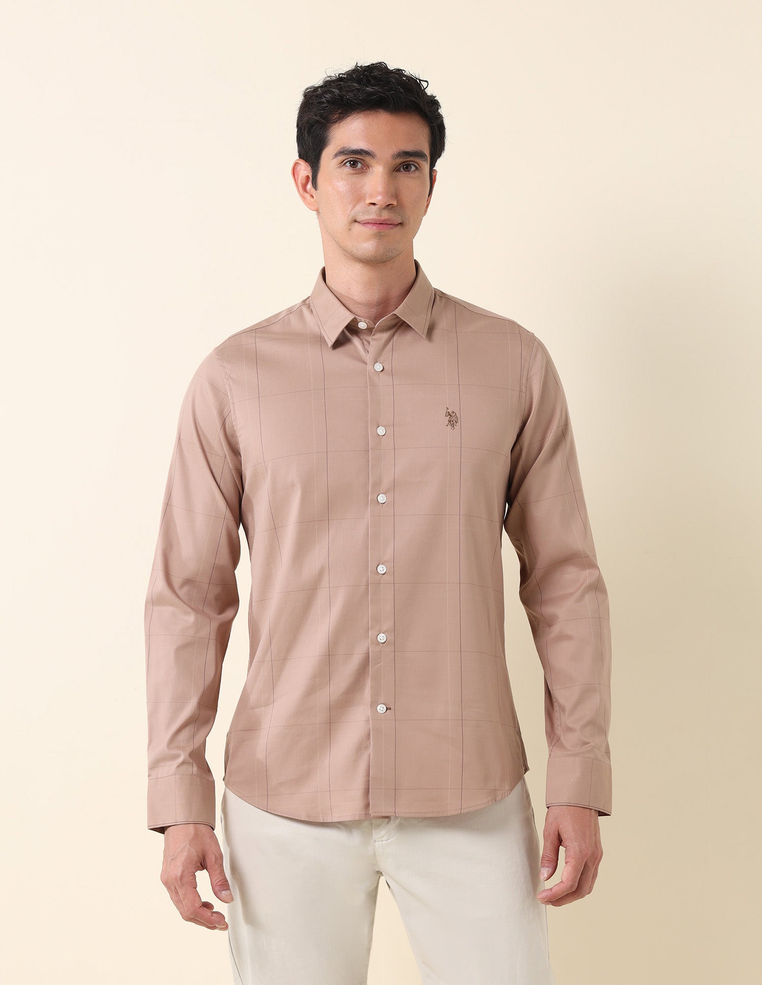 Windowpane Checked Tailored Fit Shirt Peach - U.S. Polo Assn. India | Large