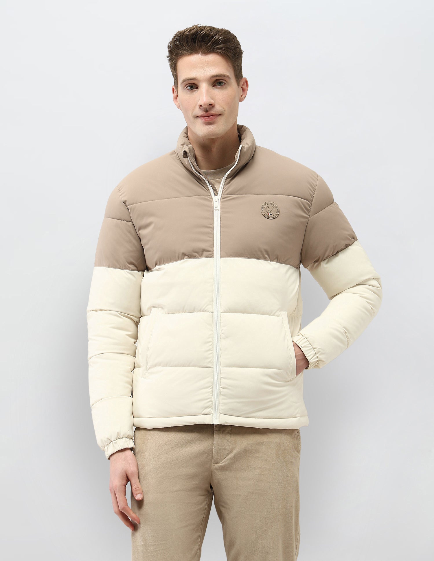 Colour Blocked Regular Fit Puffer Jacket Beige - U.S. Polo Assn. India | Large