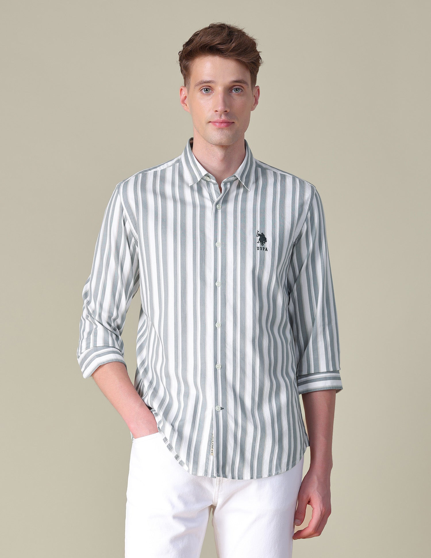 Vertical Striped Twill Shirt Light Olive - U.S. POLO ASSN. | Large