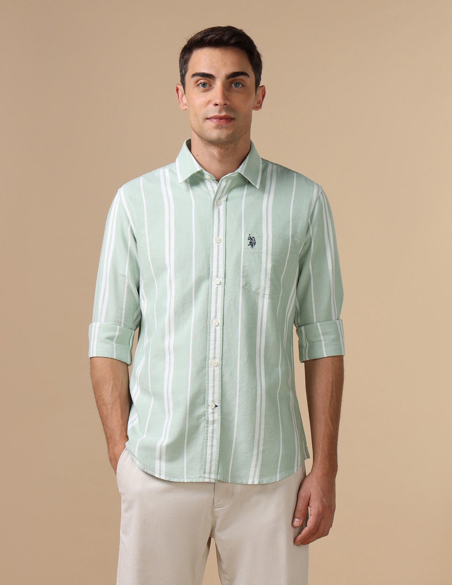 Pure Cotton Tailored Fit Shirt Light Green - U.S. Polo Assn. India | Large