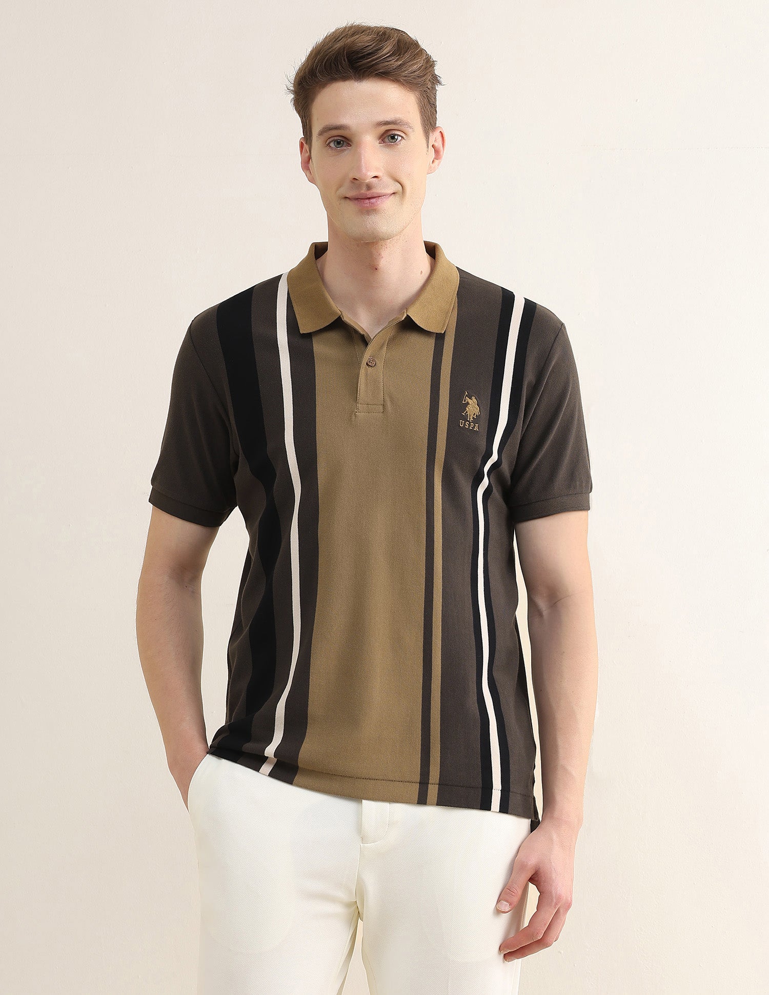 Colourblocked Striped Slim Fit Polo Shirt Olive - U.S. Polo Assn. India | Large