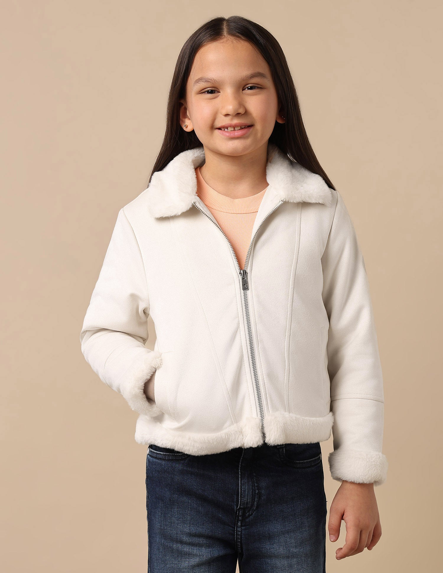 Girls Suede Solid Jacket Cream - U.S. POLO ASSN. | Large