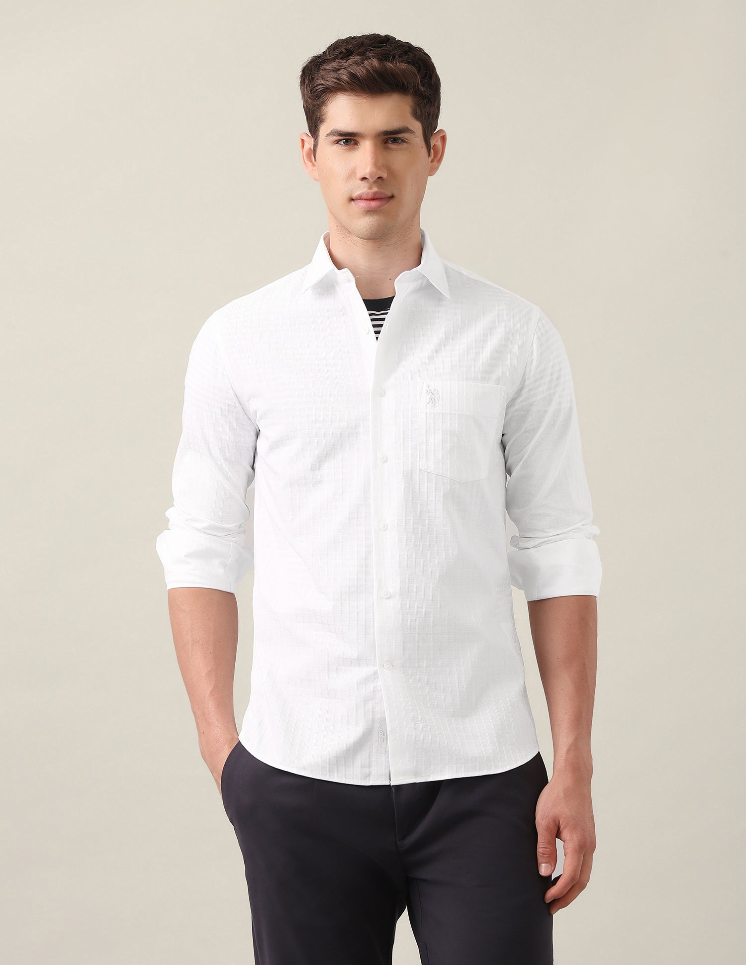 Tailored Fit Grid Tattersall Checked Shirt White - U.S. Polo Assn. India | Large