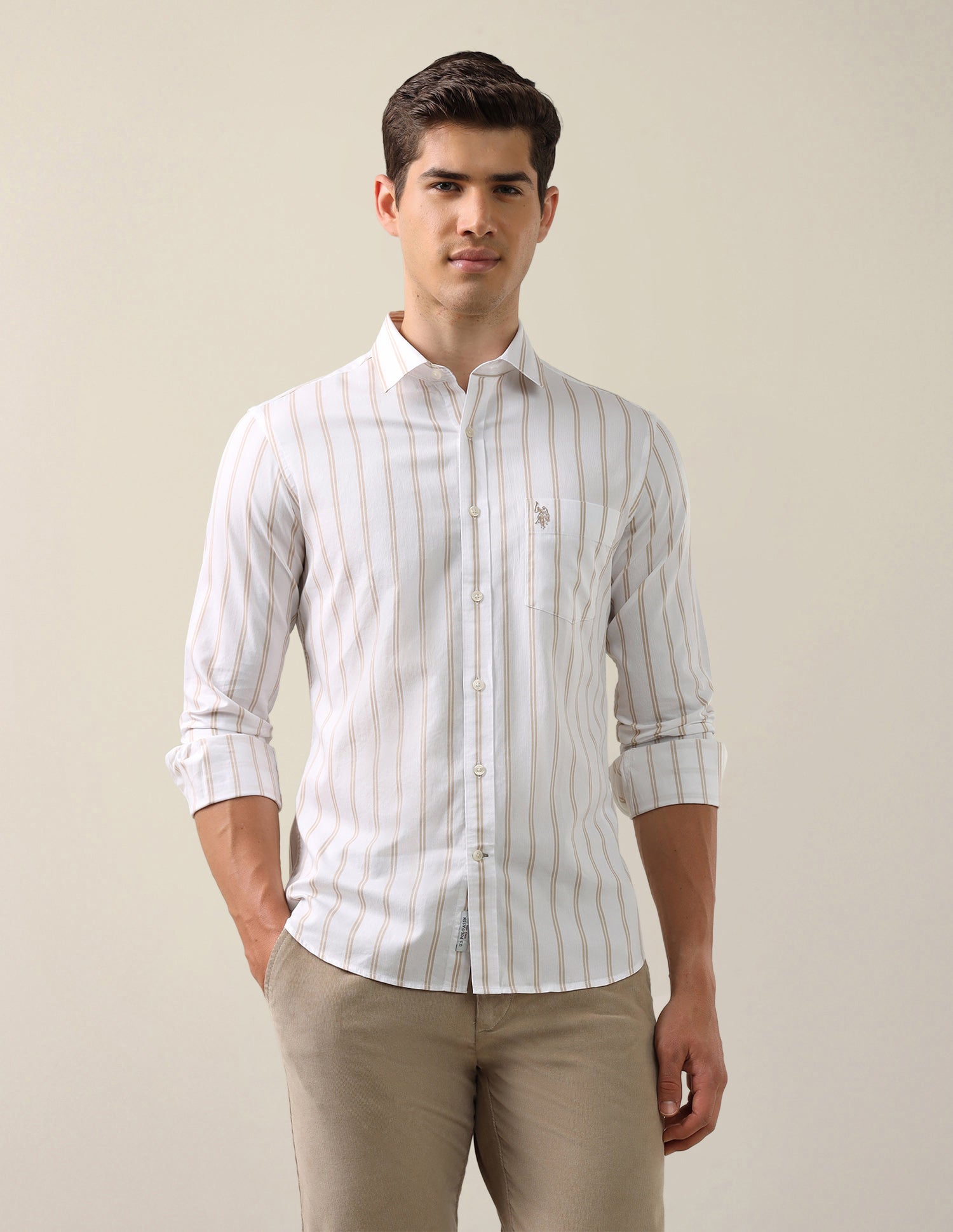 Vertical Striped Tailored Fit Shirt Beige - U.S. Polo Assn. India | Large