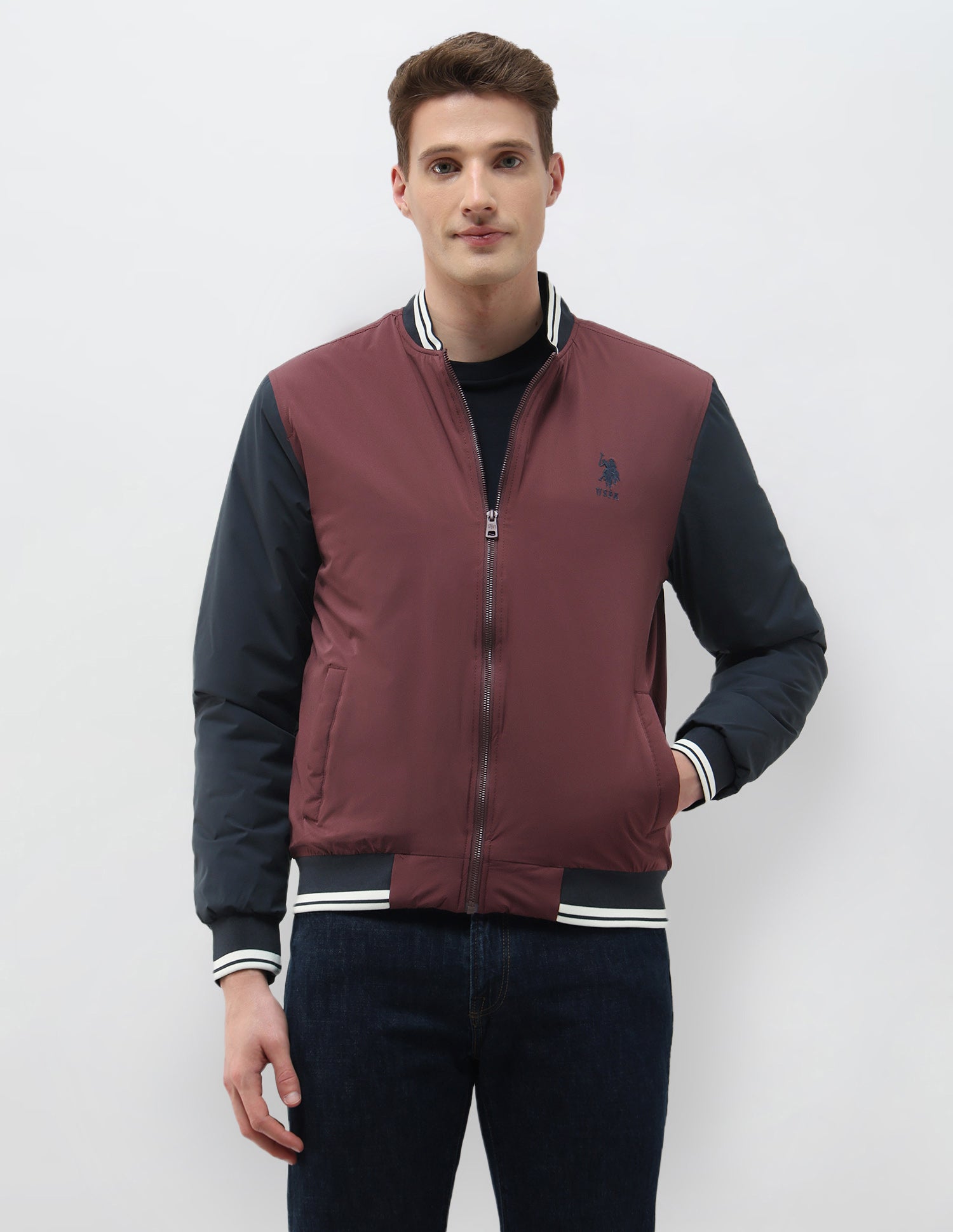 Colour Blocked Regular Fit Varsity Jacket Red - U.S. Polo Assn. India | Large