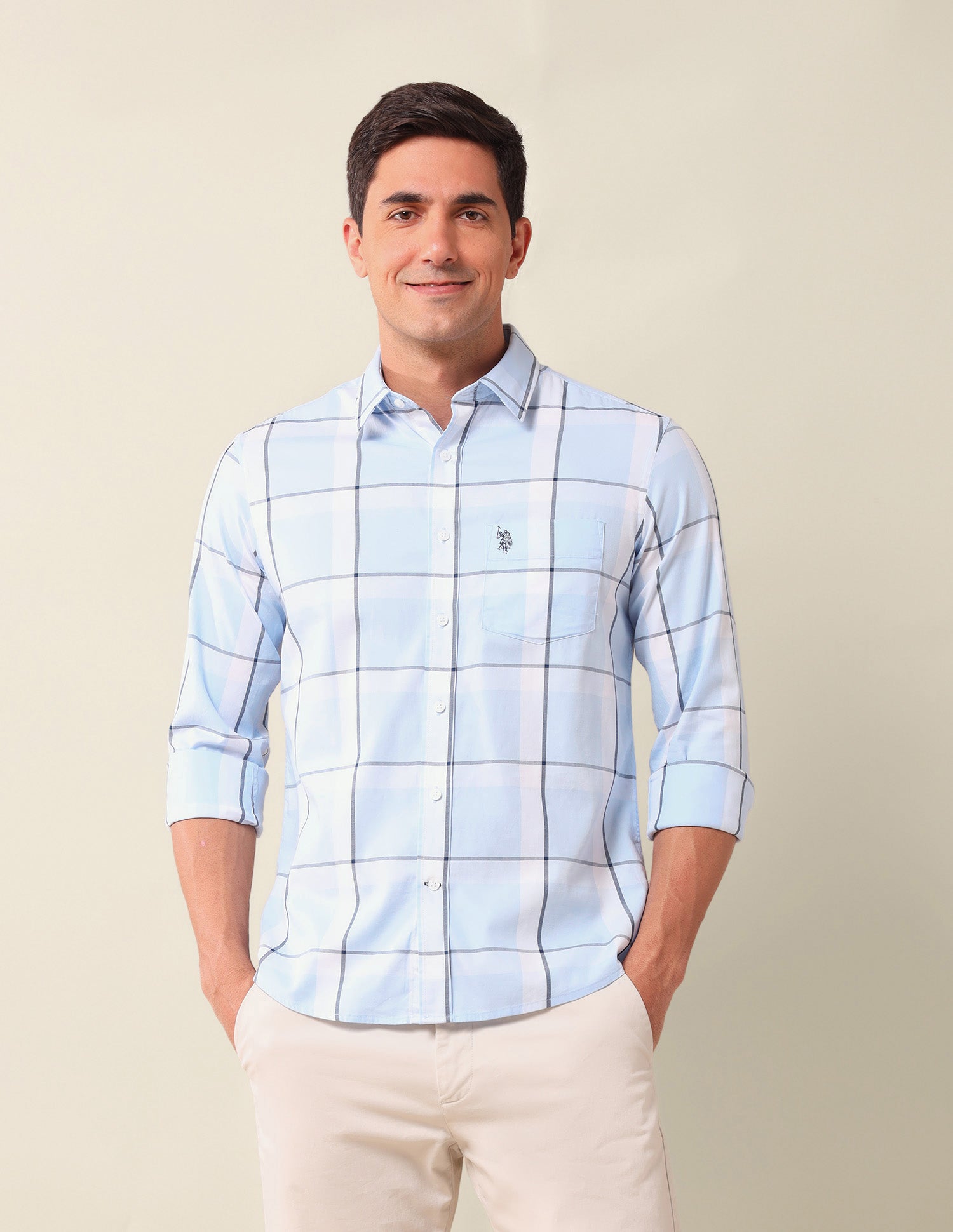 Windowpane Checked Tailored Fit Shirt Light Blue - U.S. Polo Assn. India | Large