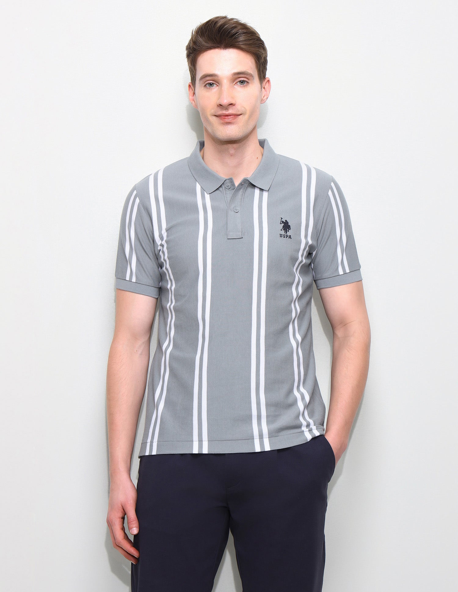Vertical Striped Slim Fit Polo Shirt Grey - U.S. Polo Assn. India | Large