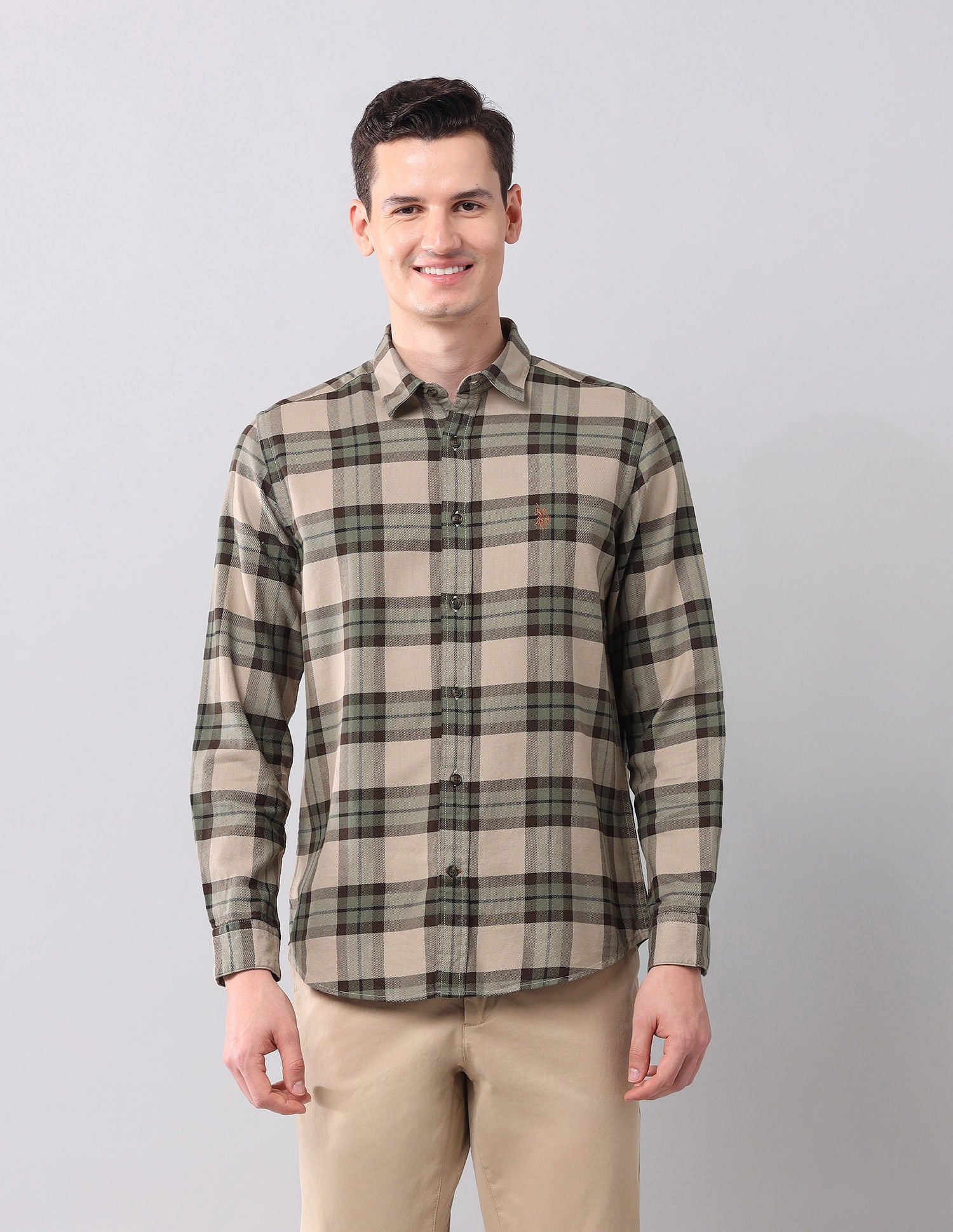 Tartan Checked Pure Cotton Shirt Olive - U.S. POLO ASSN. | Large