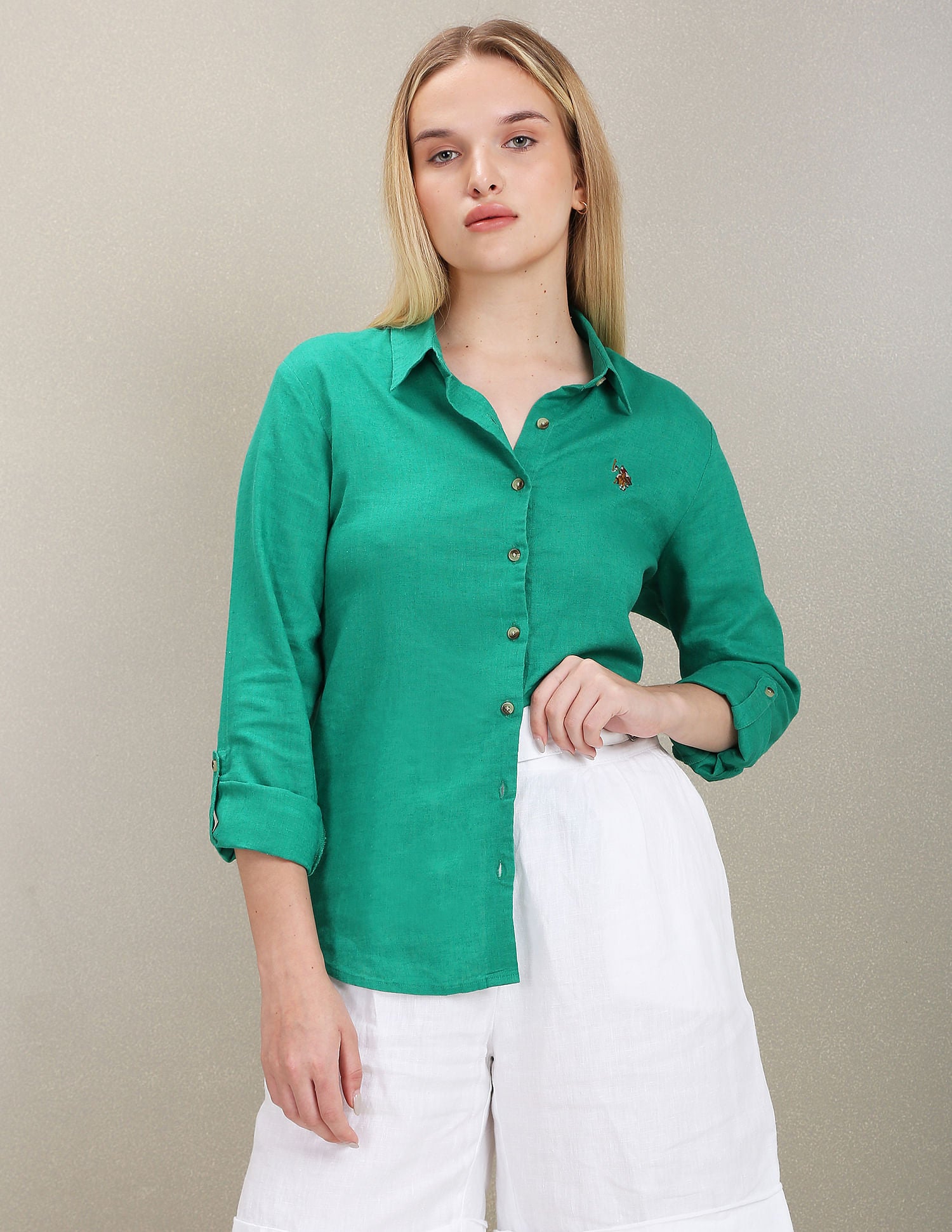 Spread Collar Soft Solid Shirt Green - U.S. Polo Assn. India | Large