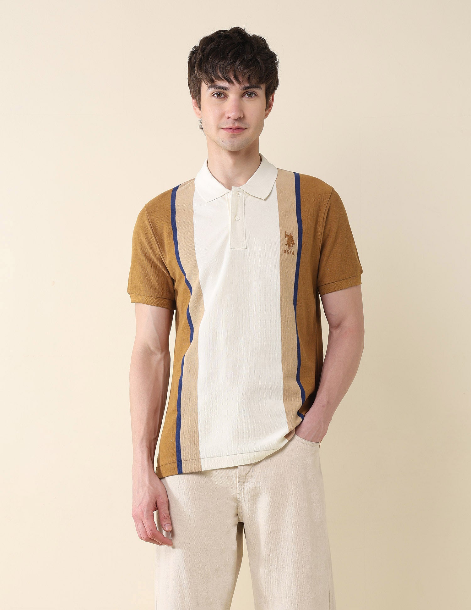 Colourblocked Pure Cotton Gold Cup Polo Shirt Brown - U.S. Polo Assn. India | Large