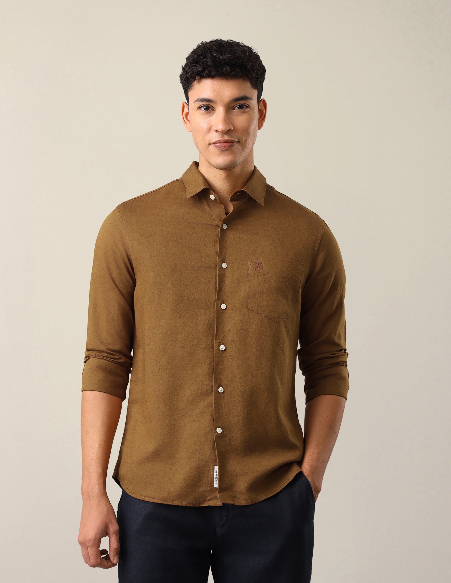 Solid Tailored Fit Shirt Khaki - U.S. Polo Assn. India | Large