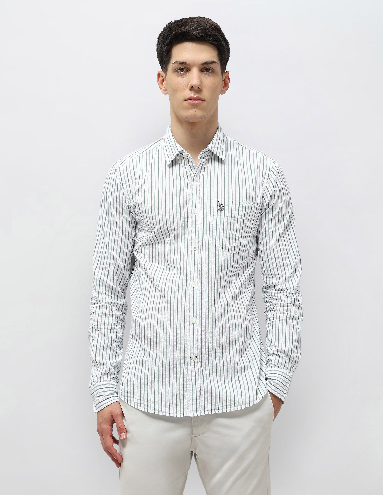 Vertical Striped Seersucker Shirt Light Green - U.S. Polo Assn. India | Large