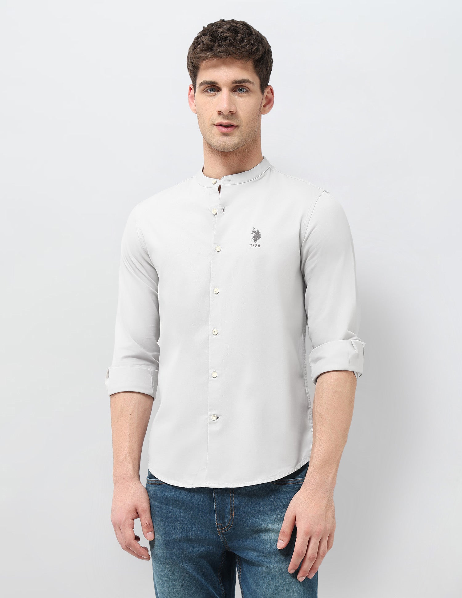 Solid Regular Fit Mandarin Shirt Grey - U.S. Polo Assn. India | Large