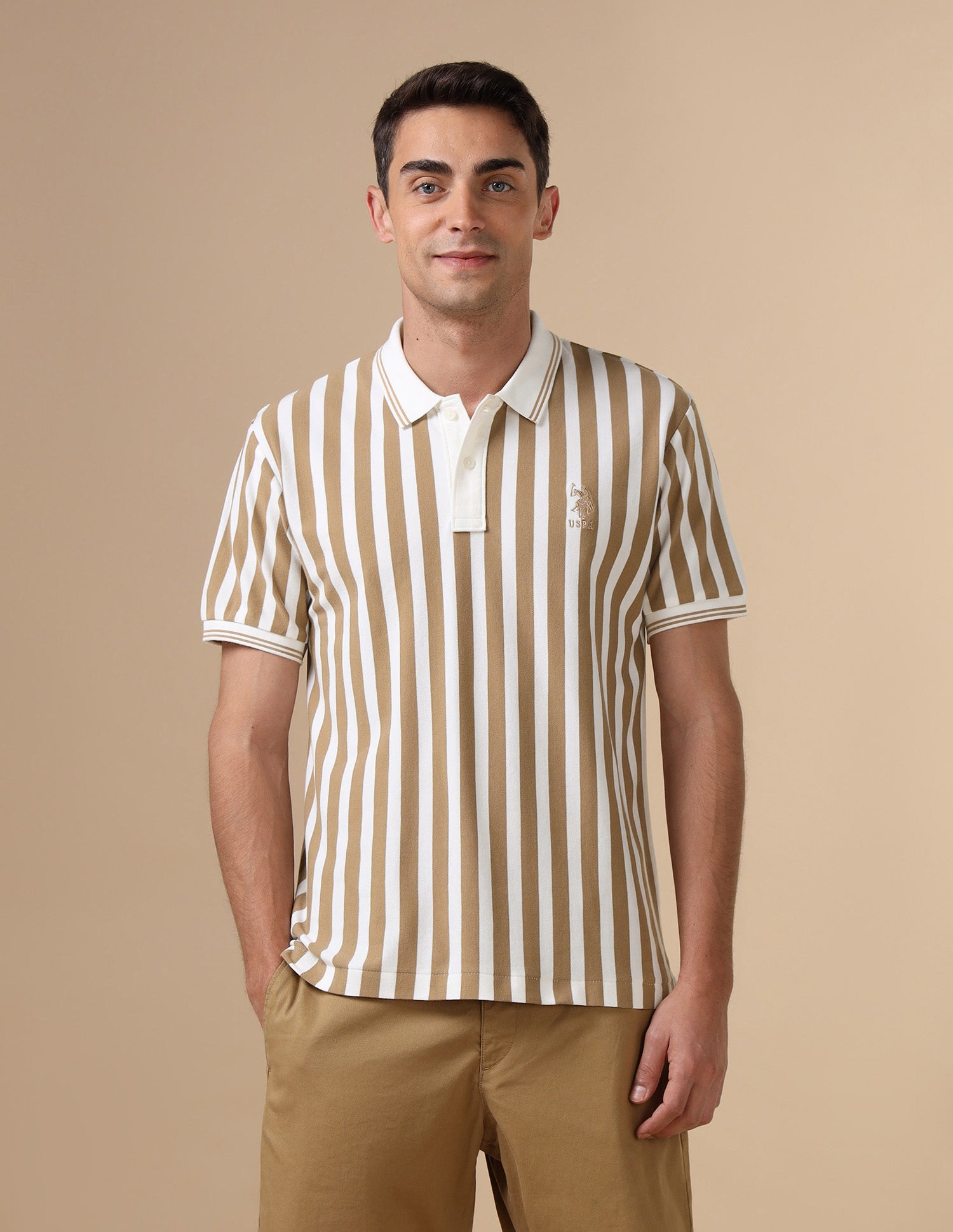 Vertical Striped Varsity Polo Shirt Light Brown - U.S. POLO ASSN. | Large
