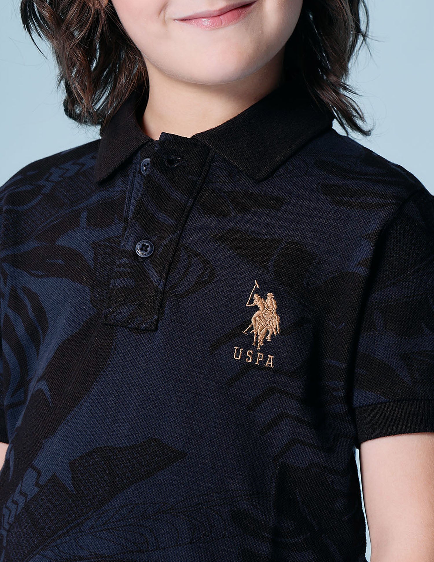 Boys All Over Printed Regular Fit Polo Shirt Navy Blue - U.S. POLO ASSN. | Large
