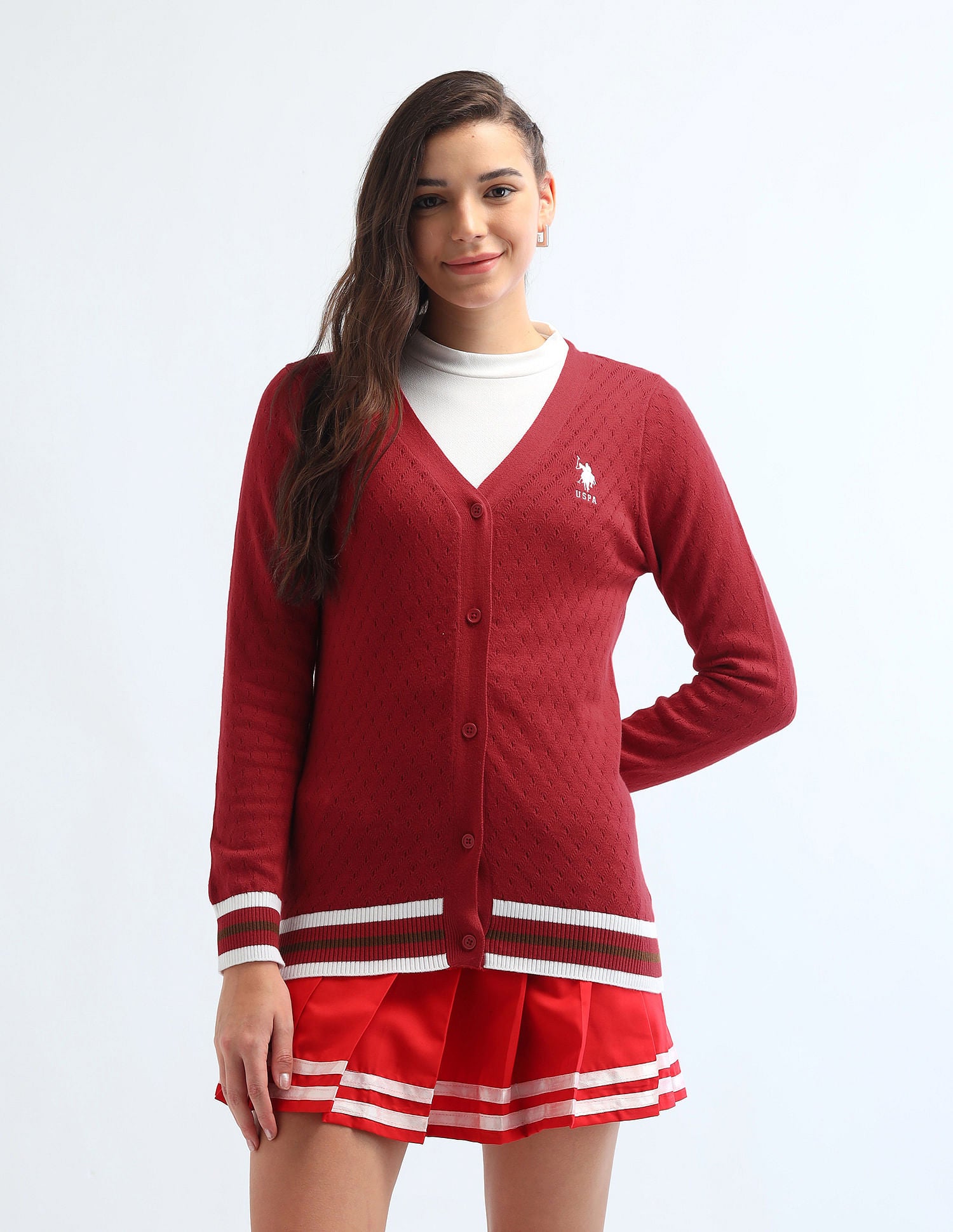 Cable Knit Tipped Cardigan Red - U.S. POLO ASSN. | Large