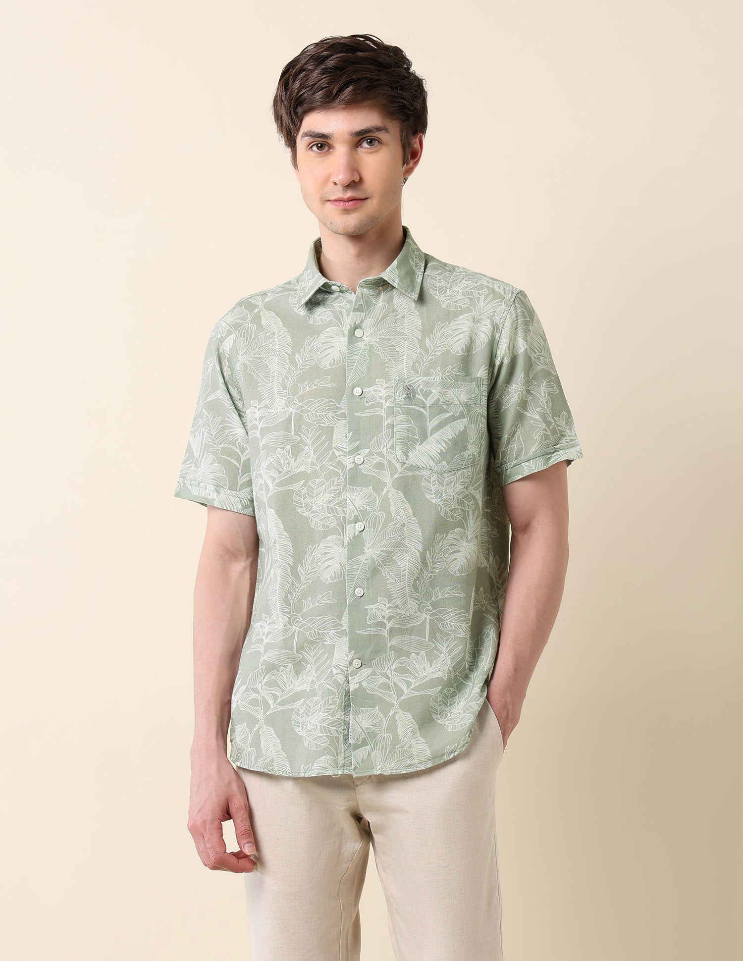 Tropical Printed Tailored Fit Shirt Sage - U.S. Polo Assn. India | Large