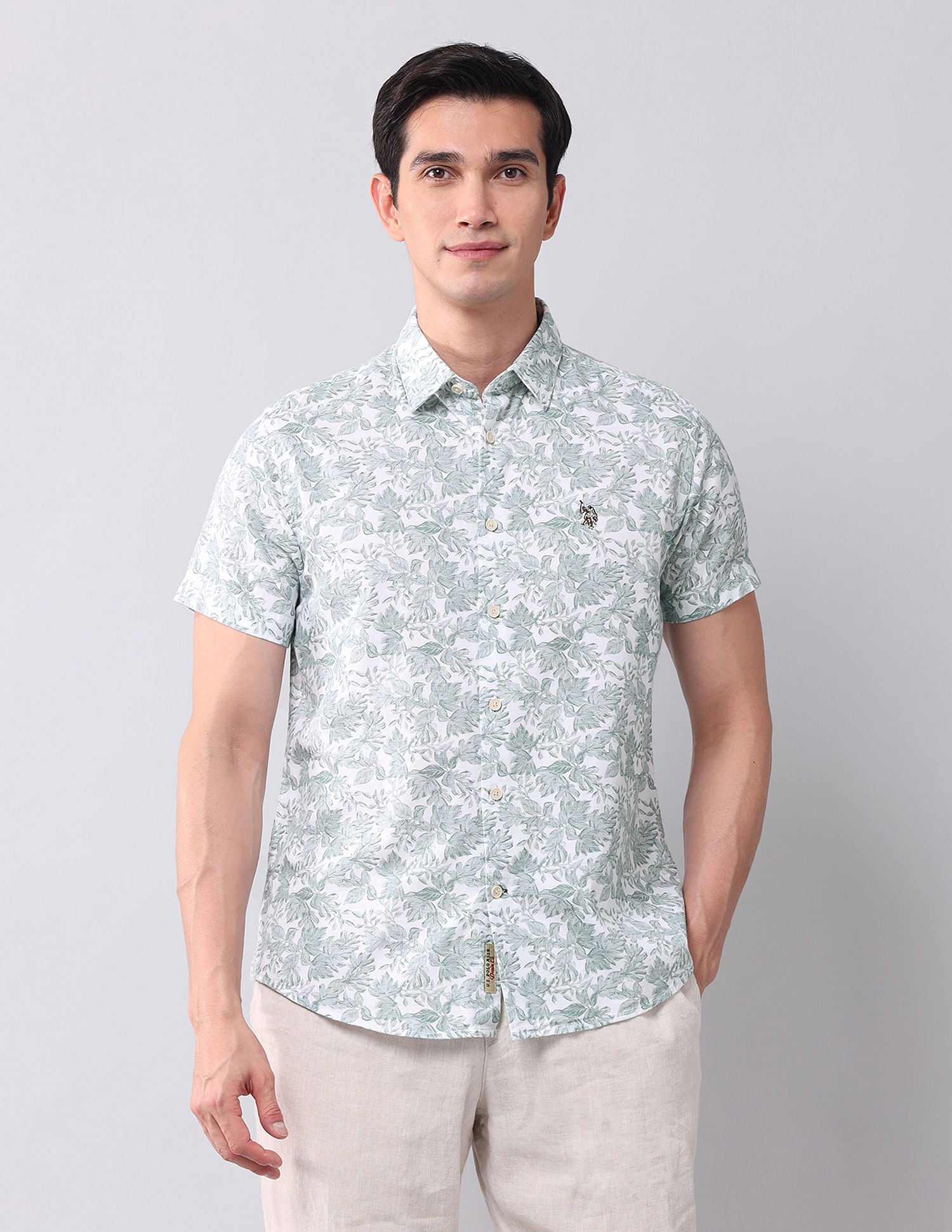 Regular Fit Dobby Printed Shirt Green - U.S. POLO ASSN. | Large