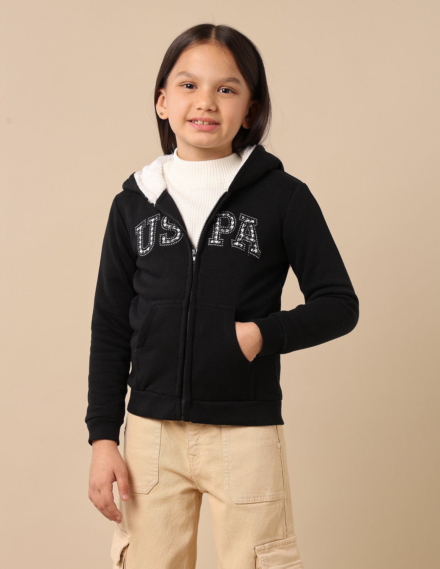 Girls Brand Print Hooded Sweatshirt Black - U.S. POLO ASSN. | Large