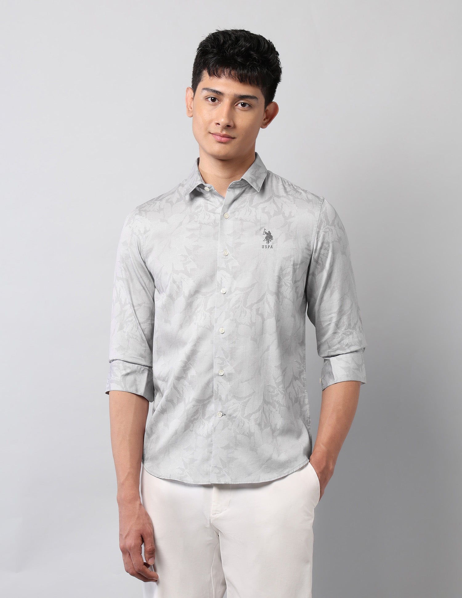 Floral Printed Pure Cotton Shirt Light Grey - U.S. Polo Assn. India | Large
