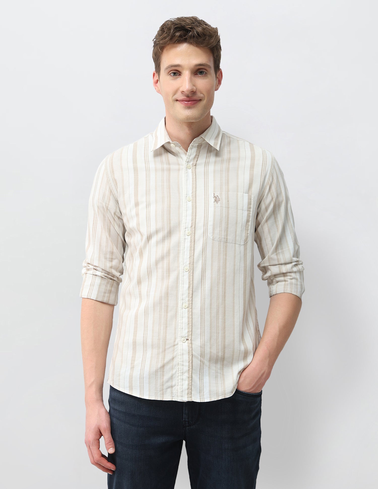 Vertical Striped Regular Fit Shirt Khaki - U.S. Polo Assn. India | Large