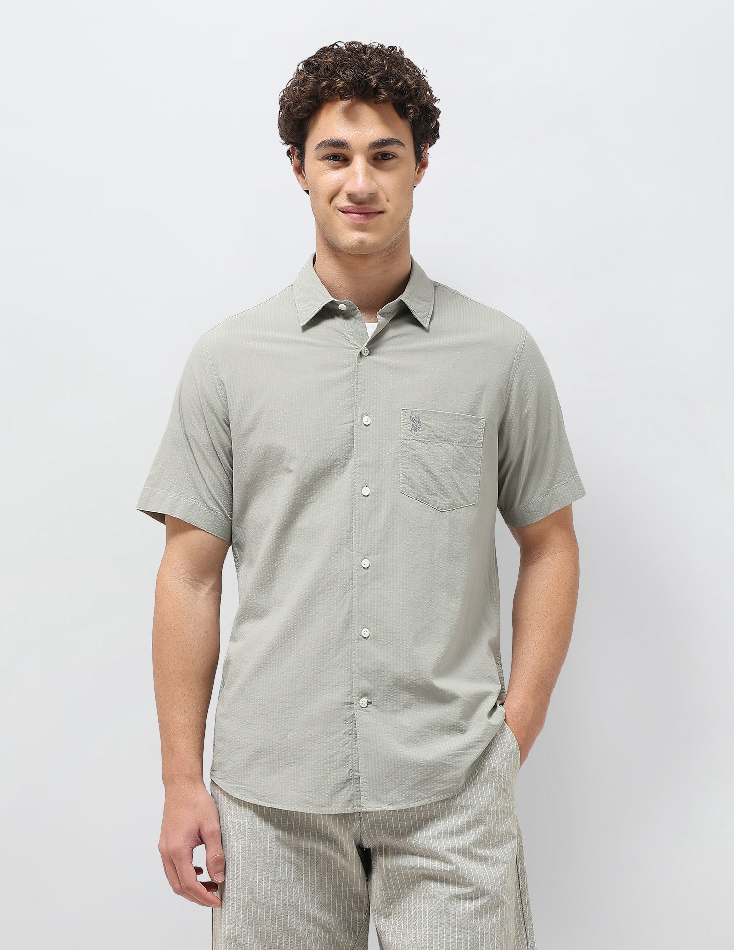 Regular Fit Seersucker Shirt Light Olive - U.S. Polo Assn. India | Large