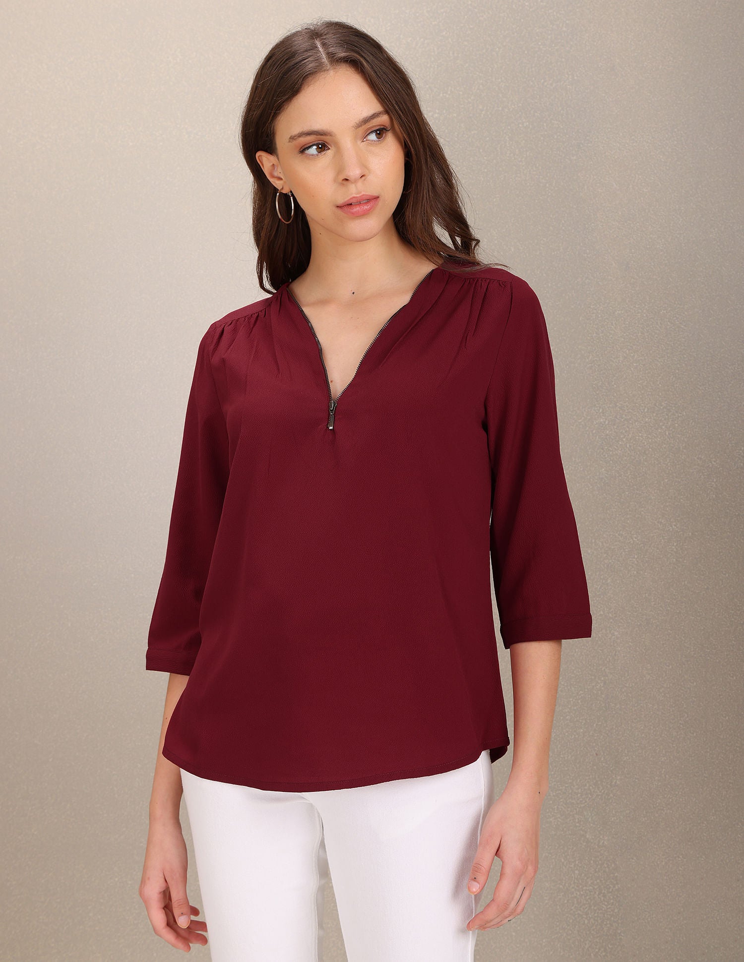 Three Quarter Sleeve Solid Top Maroon - U.S. Polo Assn. India | Large