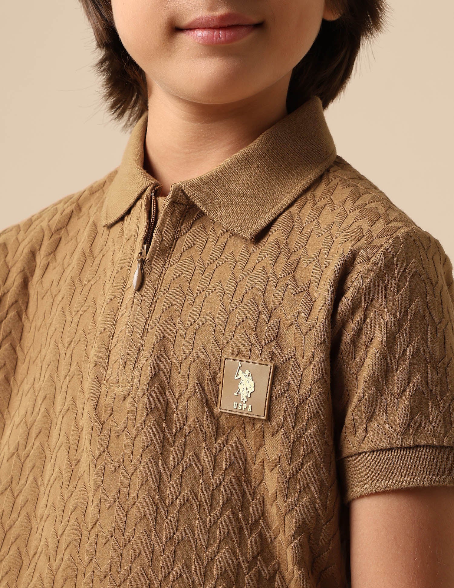 Boys Textured Pure Cotton Polo Shirt Light Brown - U.S. POLO ASSN. | Large