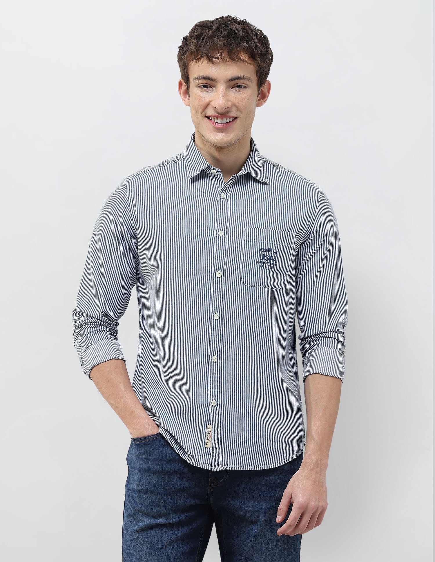 Vertical Striped Relaxed Fit Shirt Dark Indigo - U.S. Polo Assn. India | Large