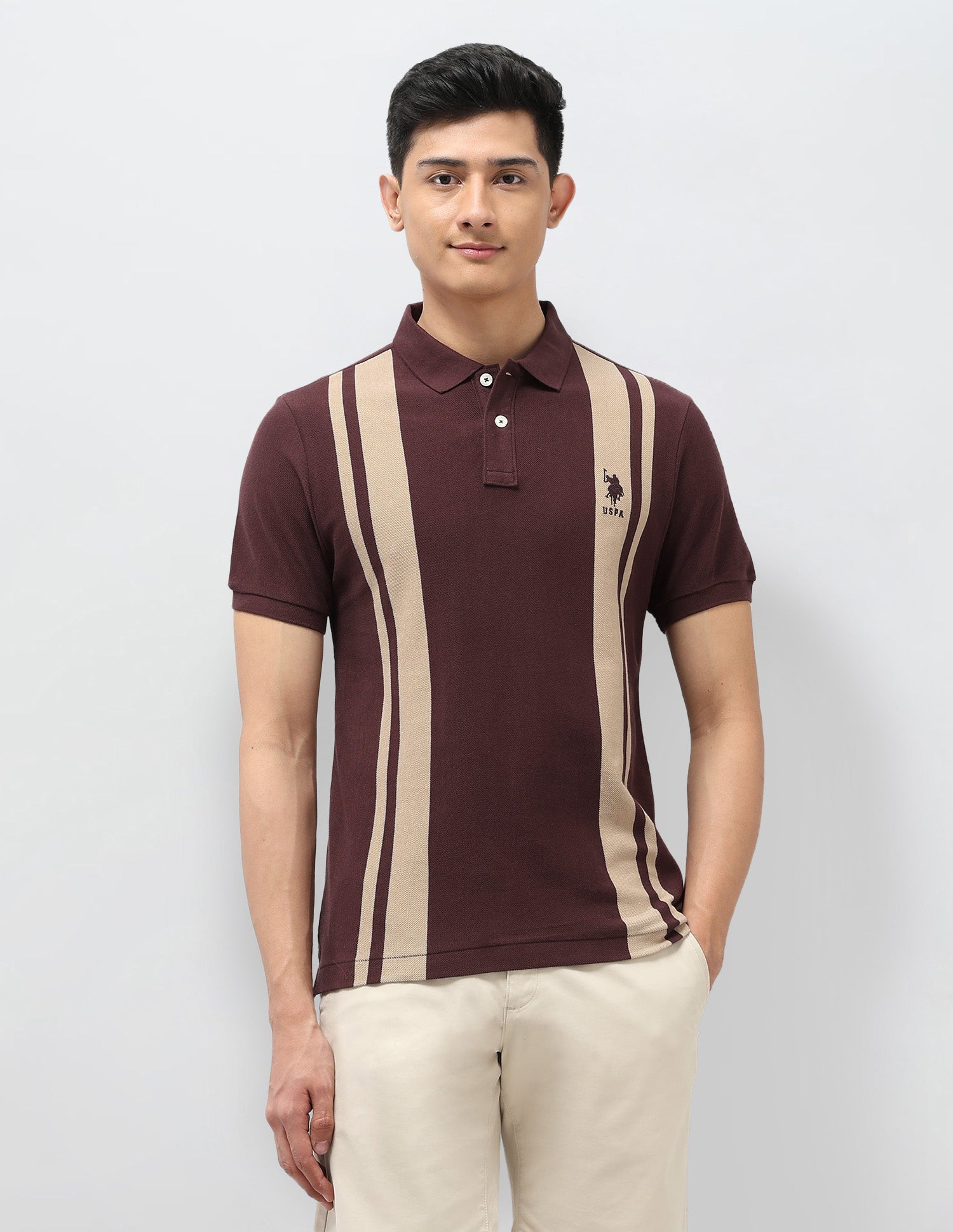 Vertical Striped Pure Cotton Polo Shirt Dark Brown - U.S. Polo Assn. India | Large