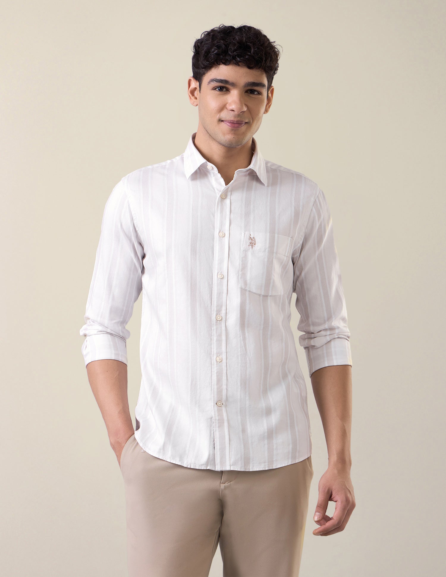 Vertical Striped Tailored Fit Shirt Cream - U.S. Polo Assn. India | Large