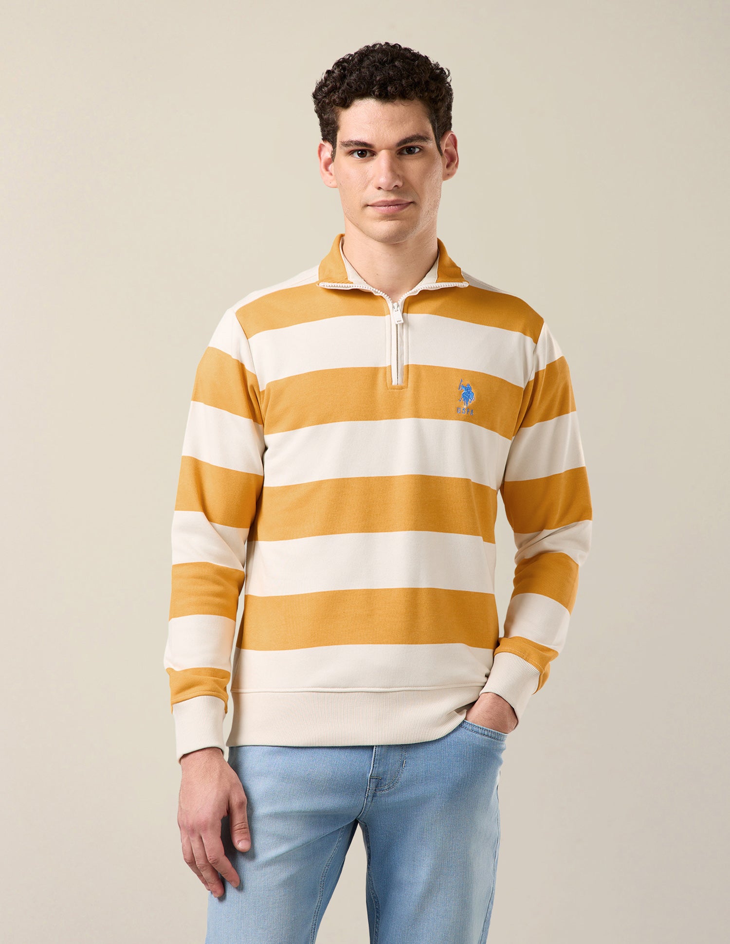 Horizontal Striped Regular Fit Sweatshirt Mustard - U.S. Polo Assn. India | Large
