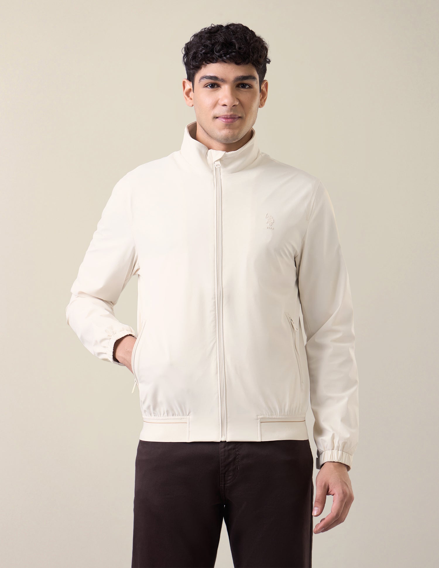 Solid Regular Fit Bomber Jacket Ecru - U.S. Polo Assn. India | Large