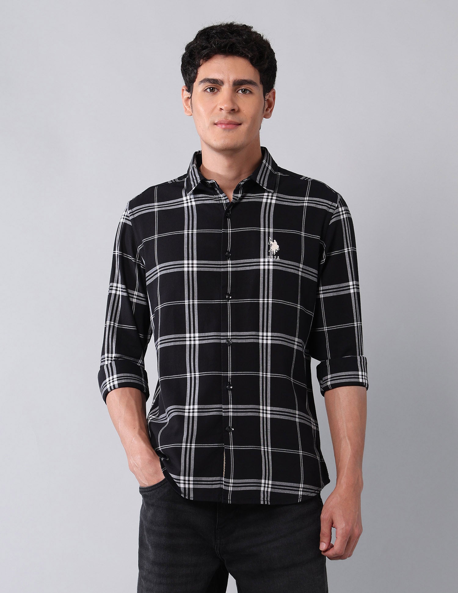 Grid Tattersall Checked Pure Cotton Shirt Black - U.S. Polo Assn. India | Large