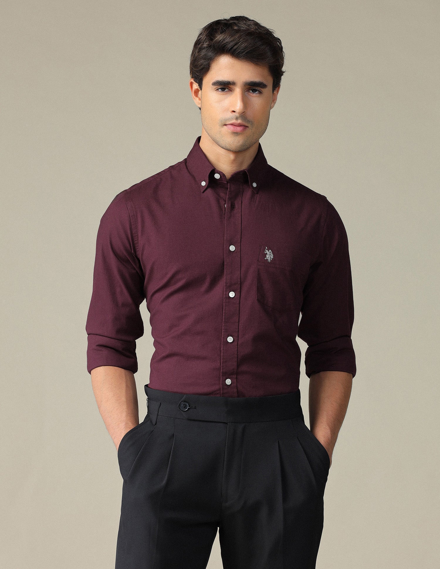 Tailored Fit Dobby Button Down Shirt Maroon - U.S. POLO ASSN. | Large