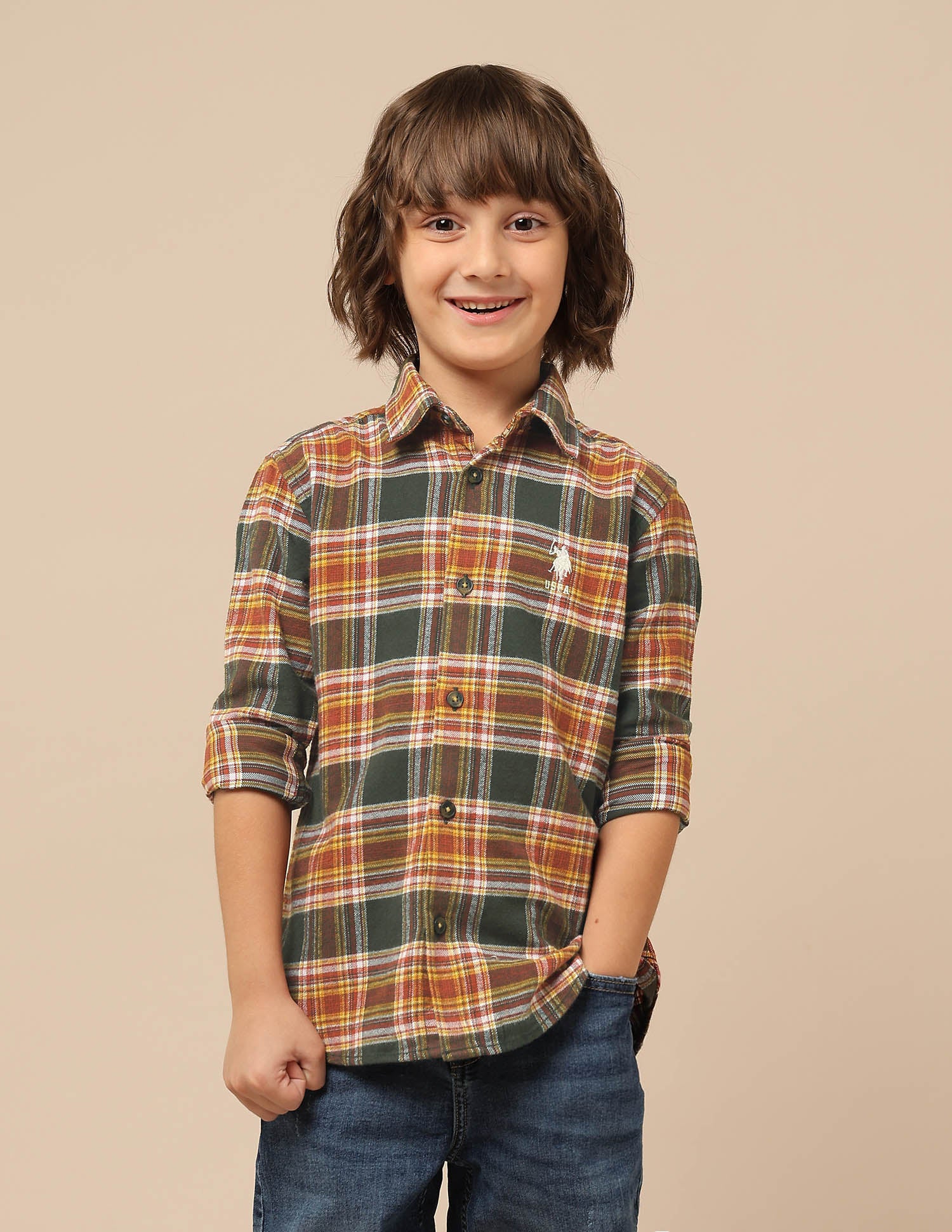 Boys Plaid Checked Twill Shirt Orange - U.S. POLO ASSN. | Large