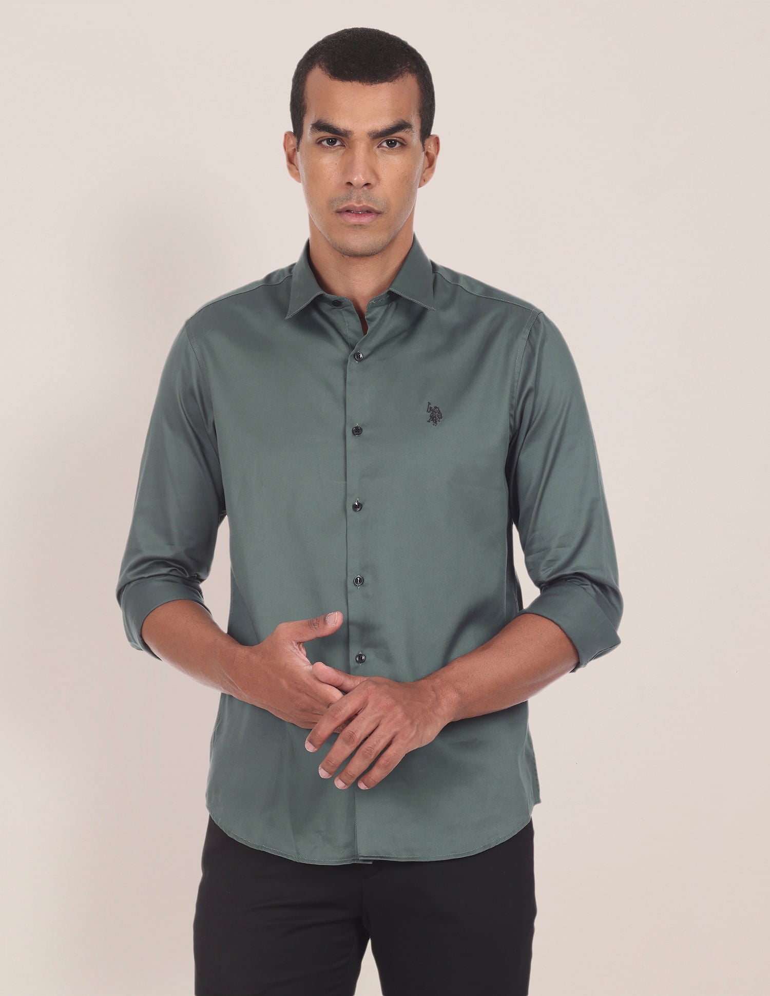 Spread Collar Cotton Stretch Shirt Sage Green - U.S. POLO ASSN. | Large