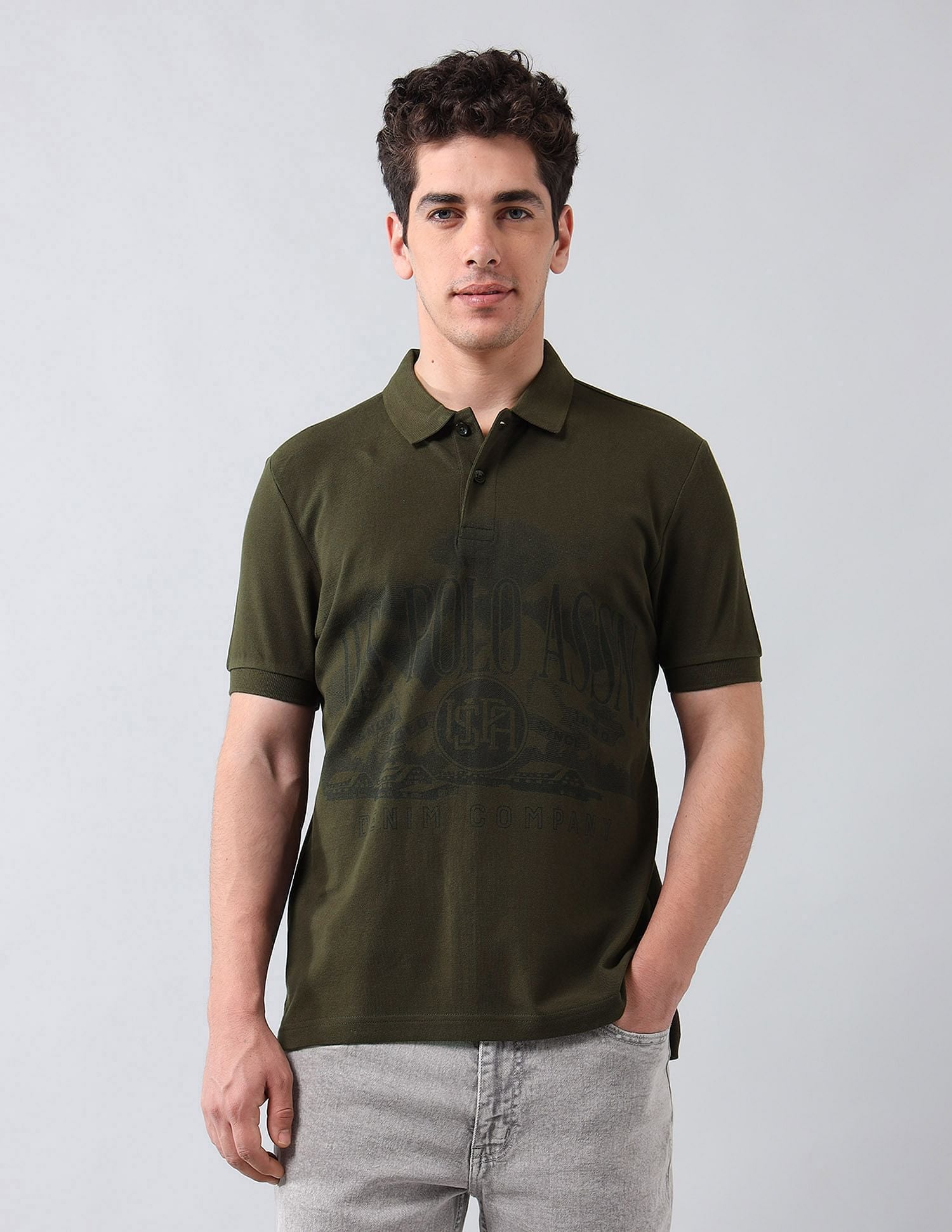 Muscle Fit Brand Printed Polo Shirt Olive - U.S. Polo Assn. India | Large