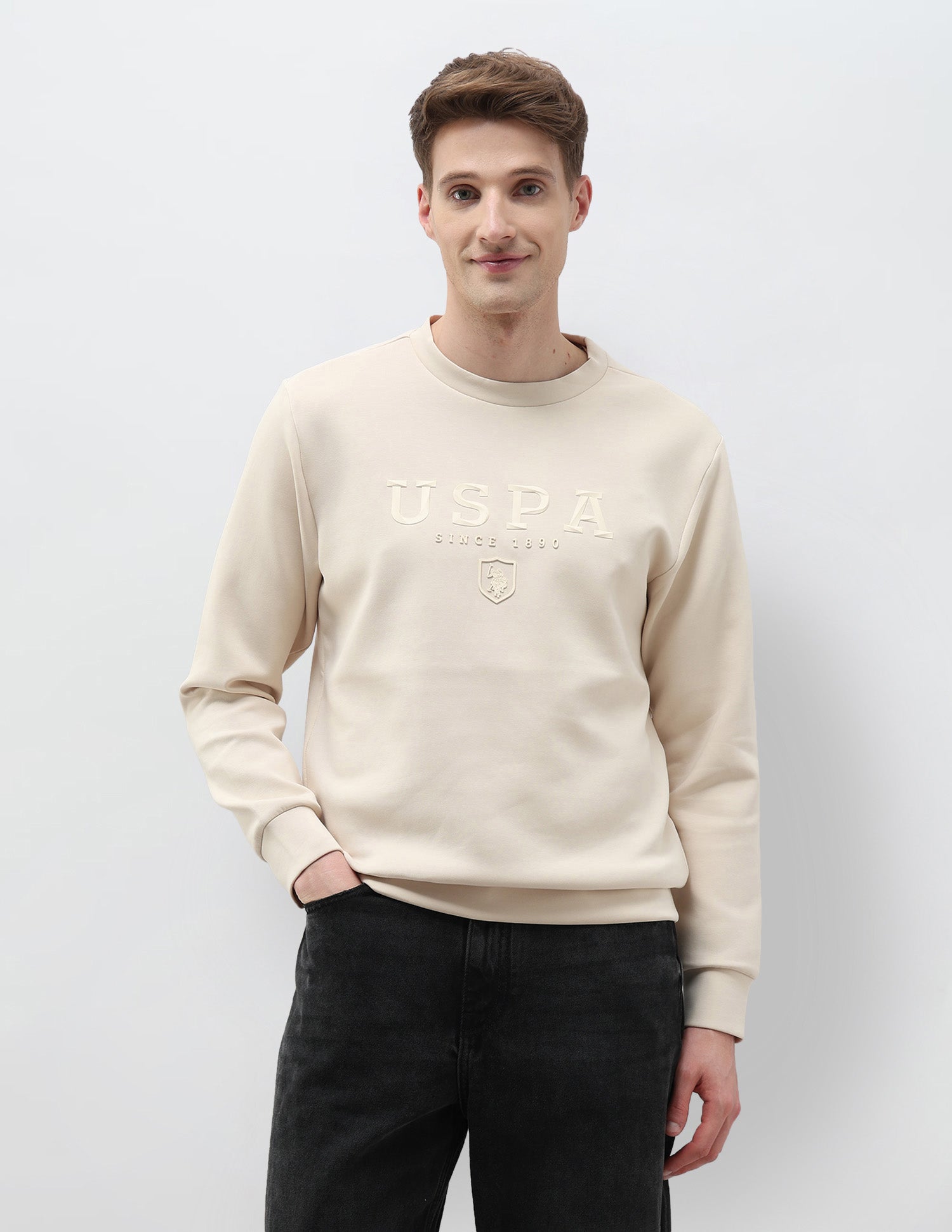Brand Embossed Regular Fit Sweatshirt Beige - U.S. POLO ASSN. | Large