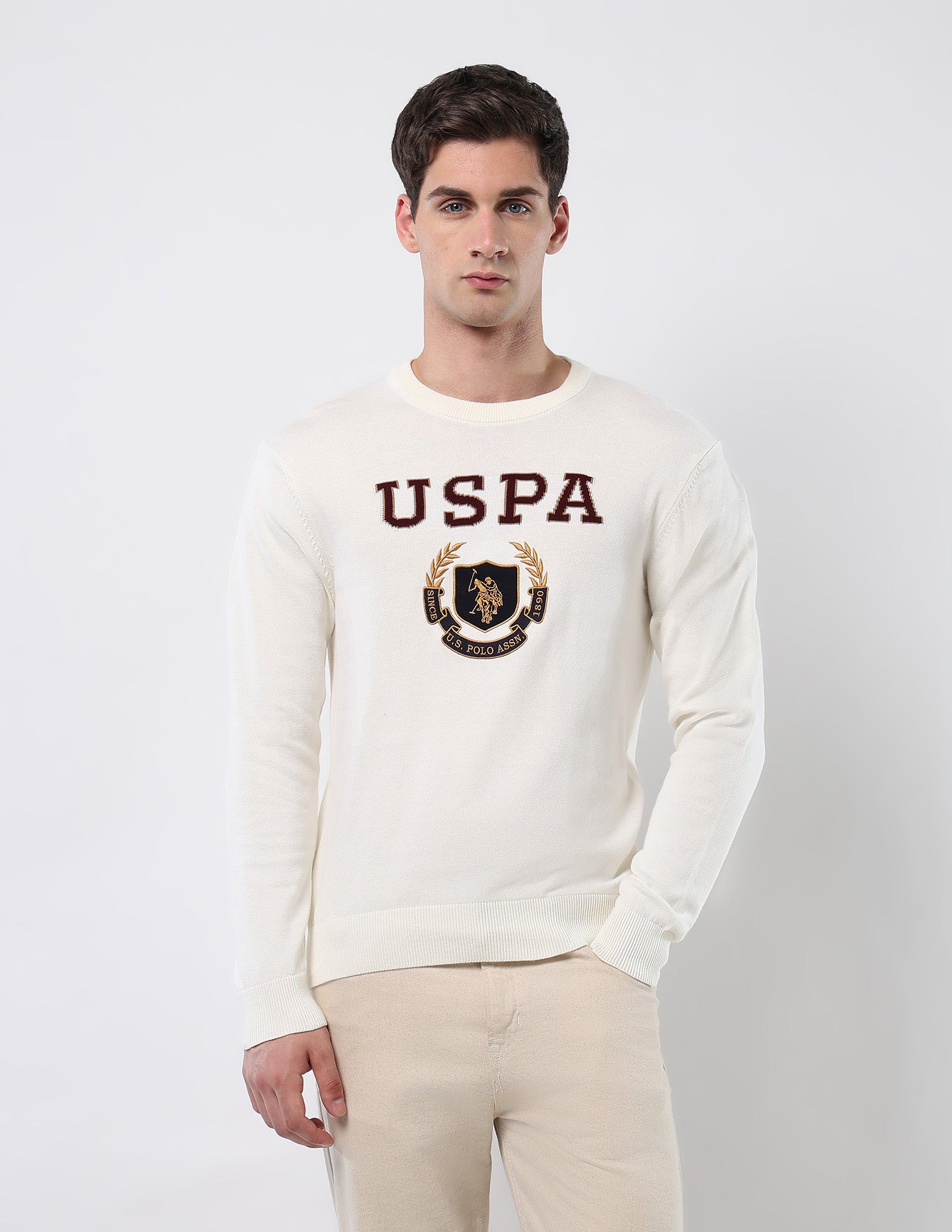 Brand Embroidered Patterned Knit Sweater Off White - U.S. POLO ASSN. | Large