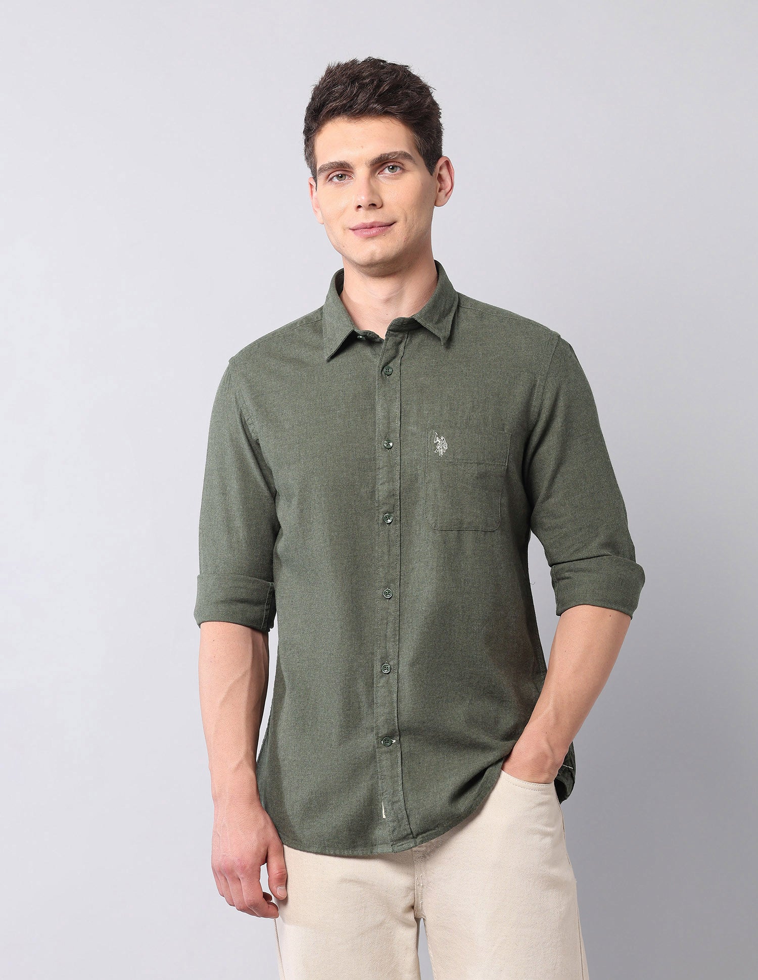 Regular Fit Pure Cotton Shirt Olive - U.S. Polo Assn. India | Large