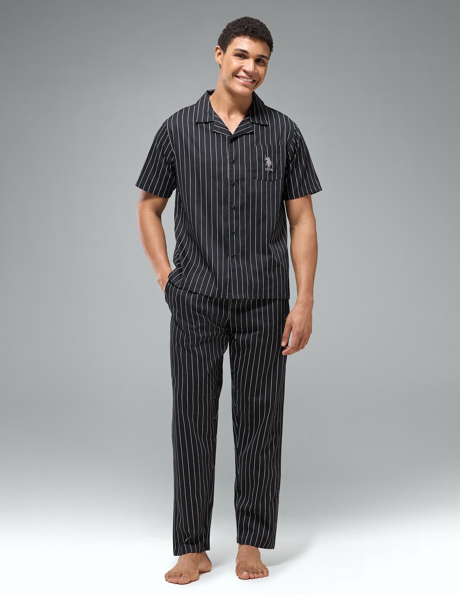 Pure Cotton Striped OESS03 Sleep Set Black - U.S. Polo Assn. India | Large