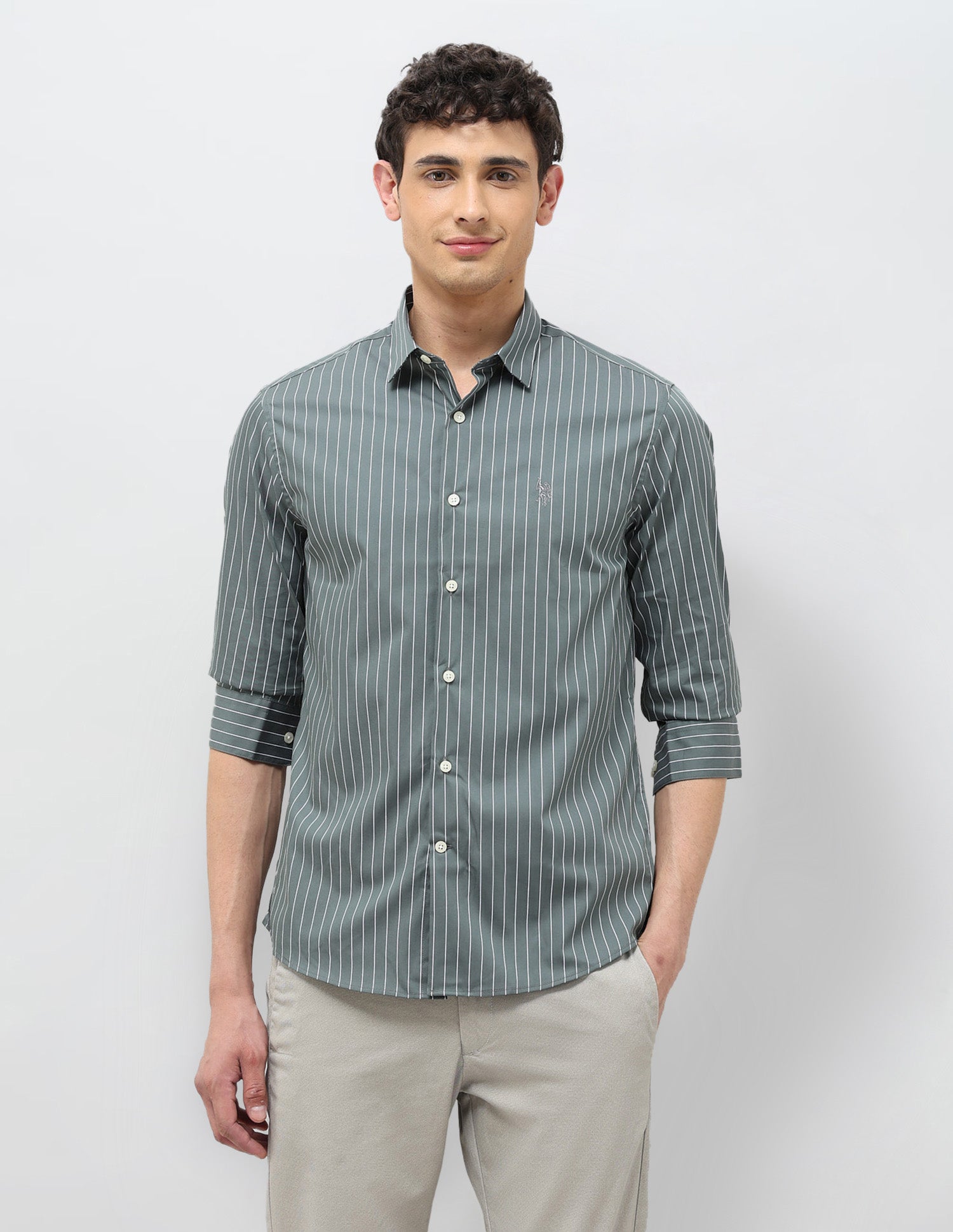 Vertical Striped Tailored Fit Shirt Green - U.S. POLO ASSN. | Large