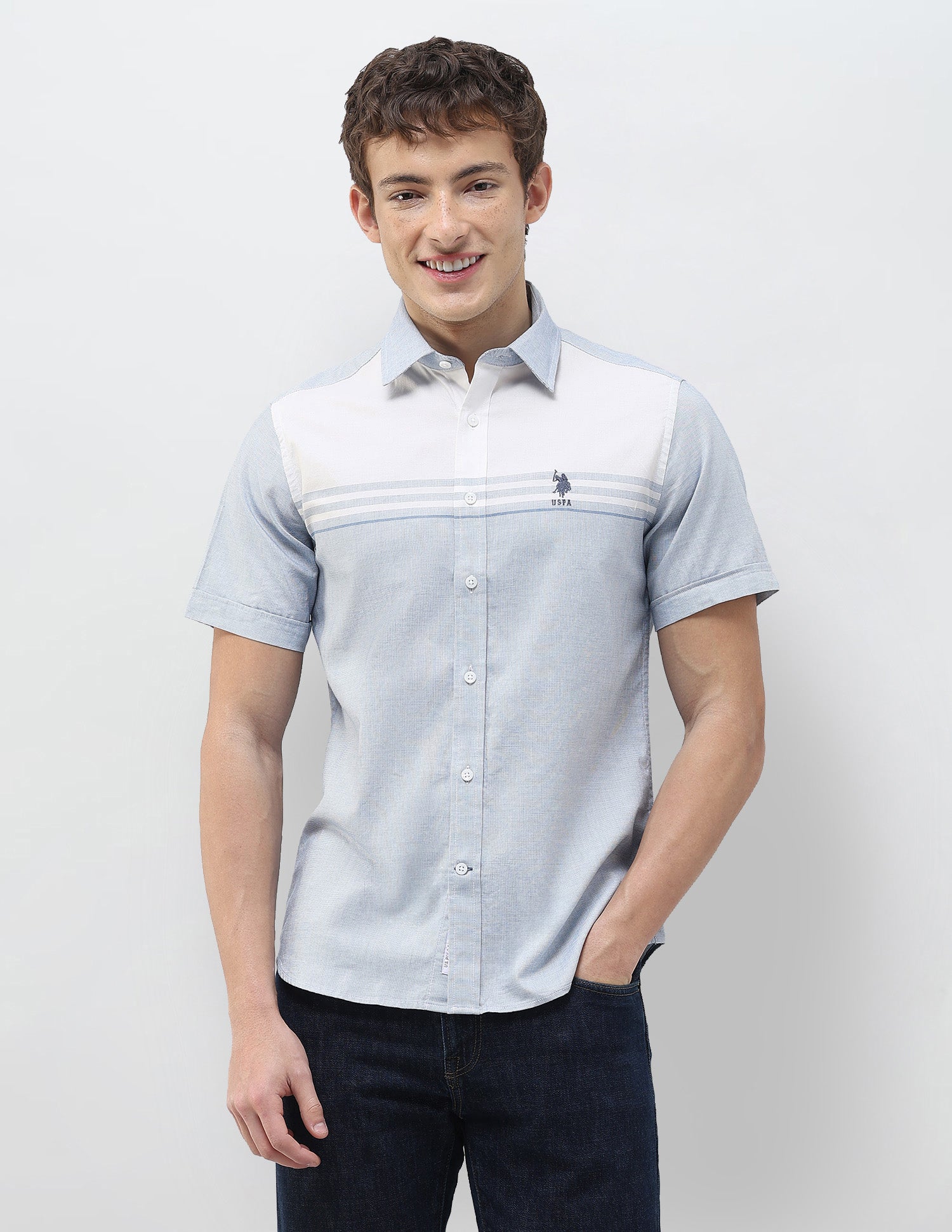 Solid Stripe Detail Regular Fit Shirt Blue - U.S. Polo Assn. India | Large