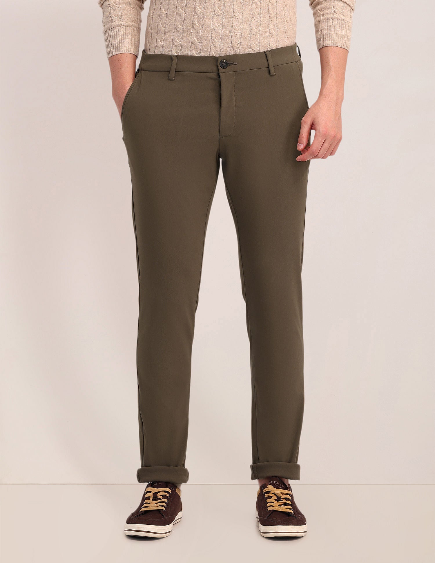 Solid Austin Trim Fit Trousers Brown - U.S. Polo Assn. India | Large