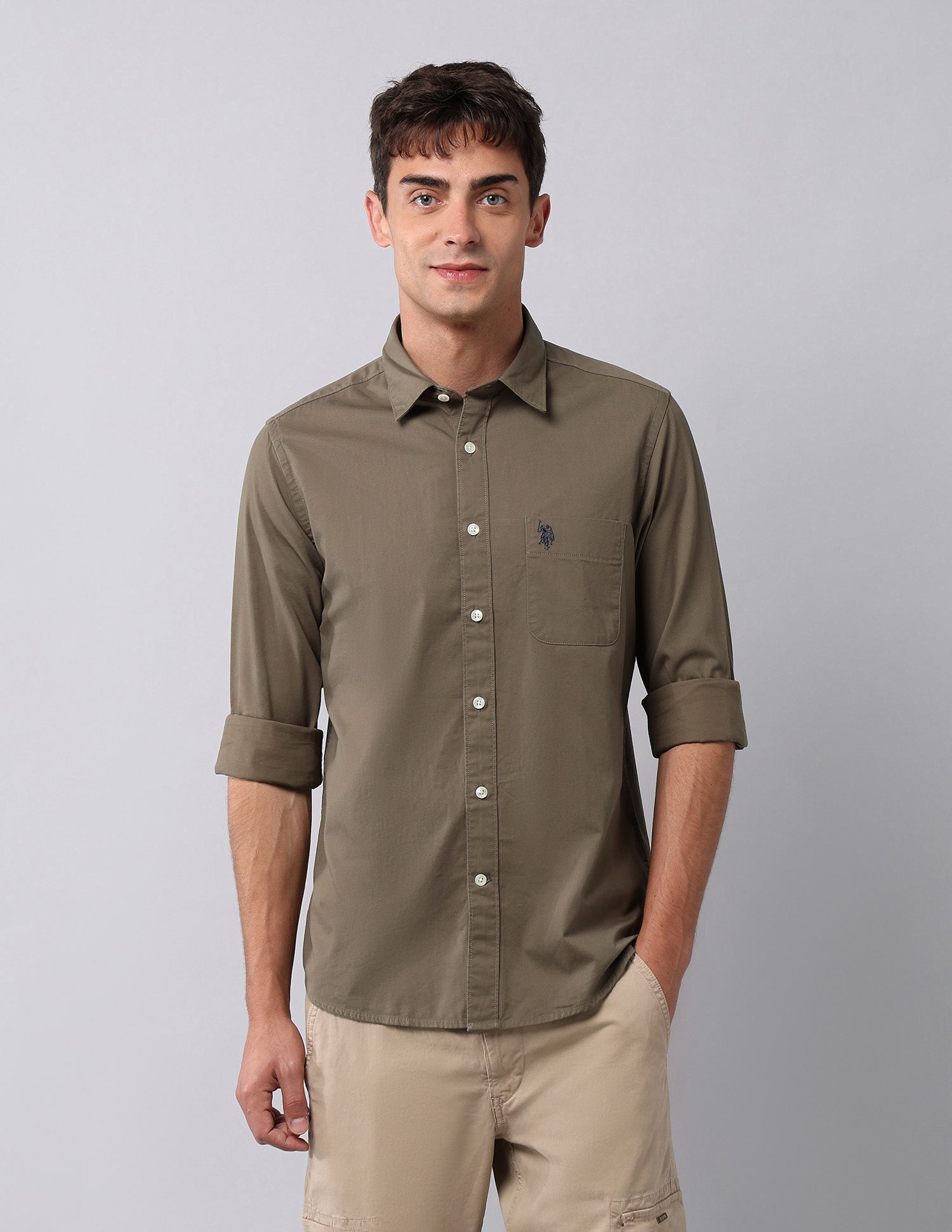 Pure Cotton Twill  Shirt Khaki - U.S. Polo Assn. India | Large