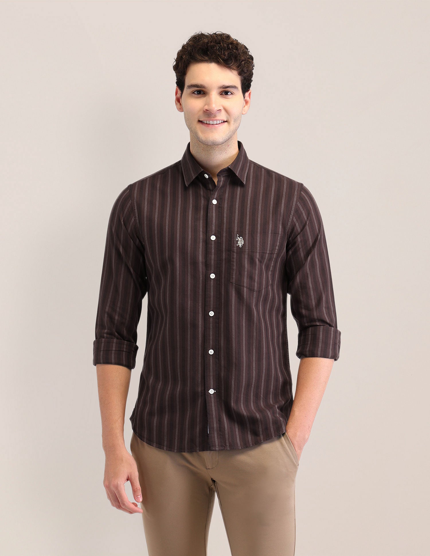 Tailored Fit Oxford Striped Shirt Dark Brown - U.S. POLO ASSN. | Large