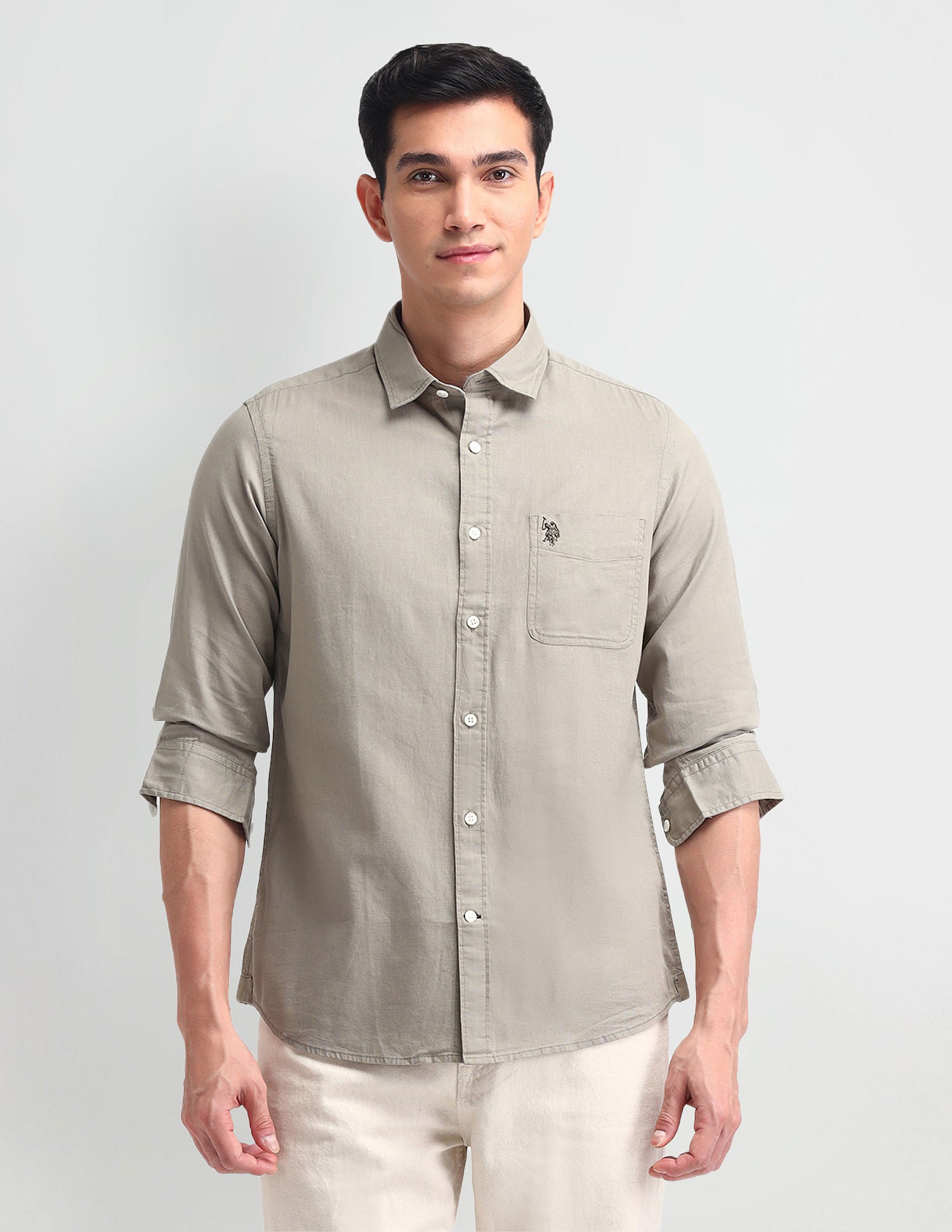 Slim Fit Solid Twill Shirt Grey - U.S. Polo Assn. India | Large