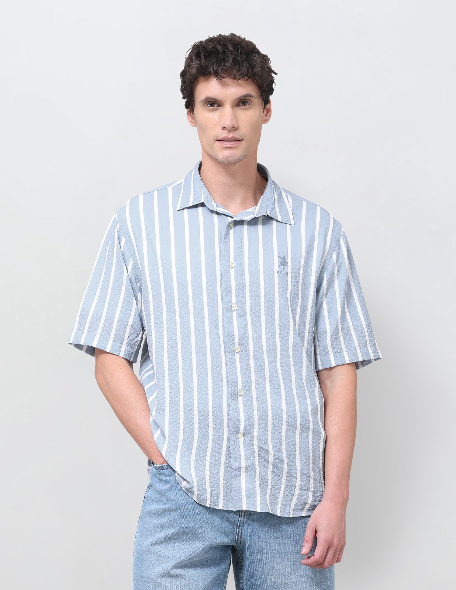 Vertical Striped Seersucker Shirt Light Blue - U.S. Polo Assn. India | Large